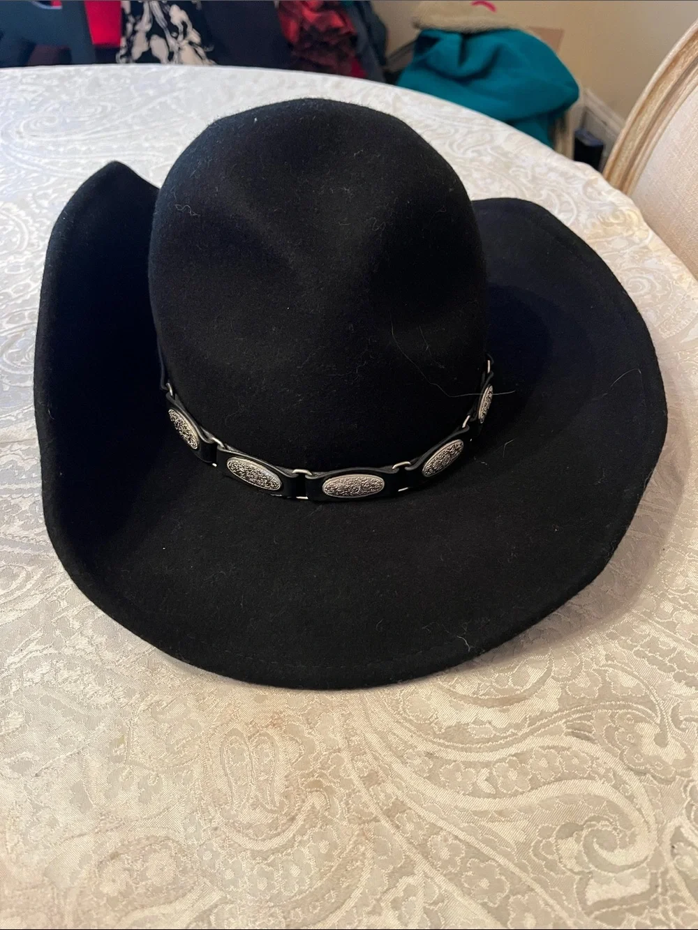 Scala Black Wool Felt Western Hat Fedora with Concho Band in EUC